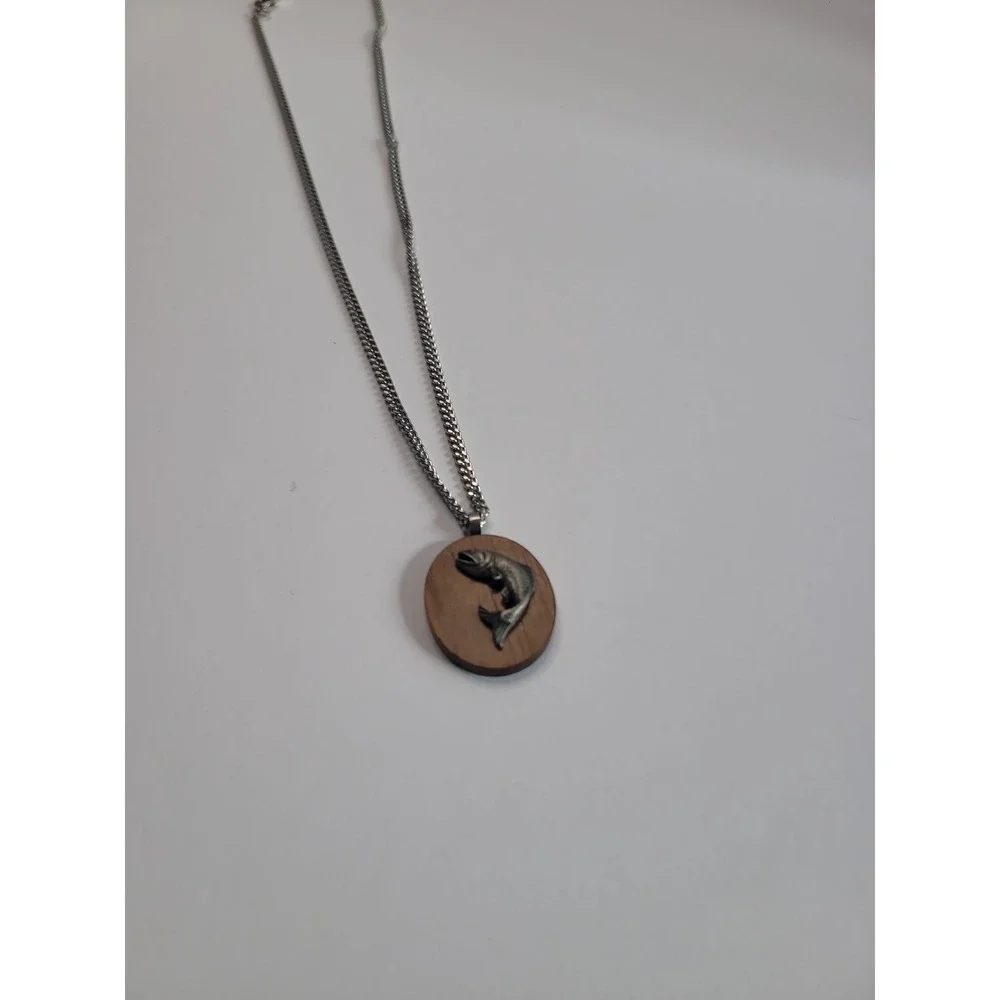 Wooden Tone Silver Tone Fish Pendant Necklace Trout Fishing Outdoors Sportsman